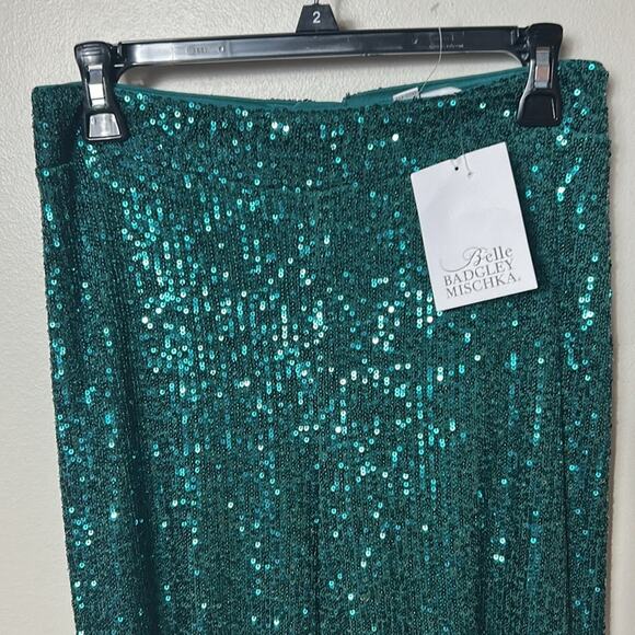NWT Belle by Badgley Mischka Iris EMERALD GREEN sequin flat front drapey pants - Picture 6 of 14